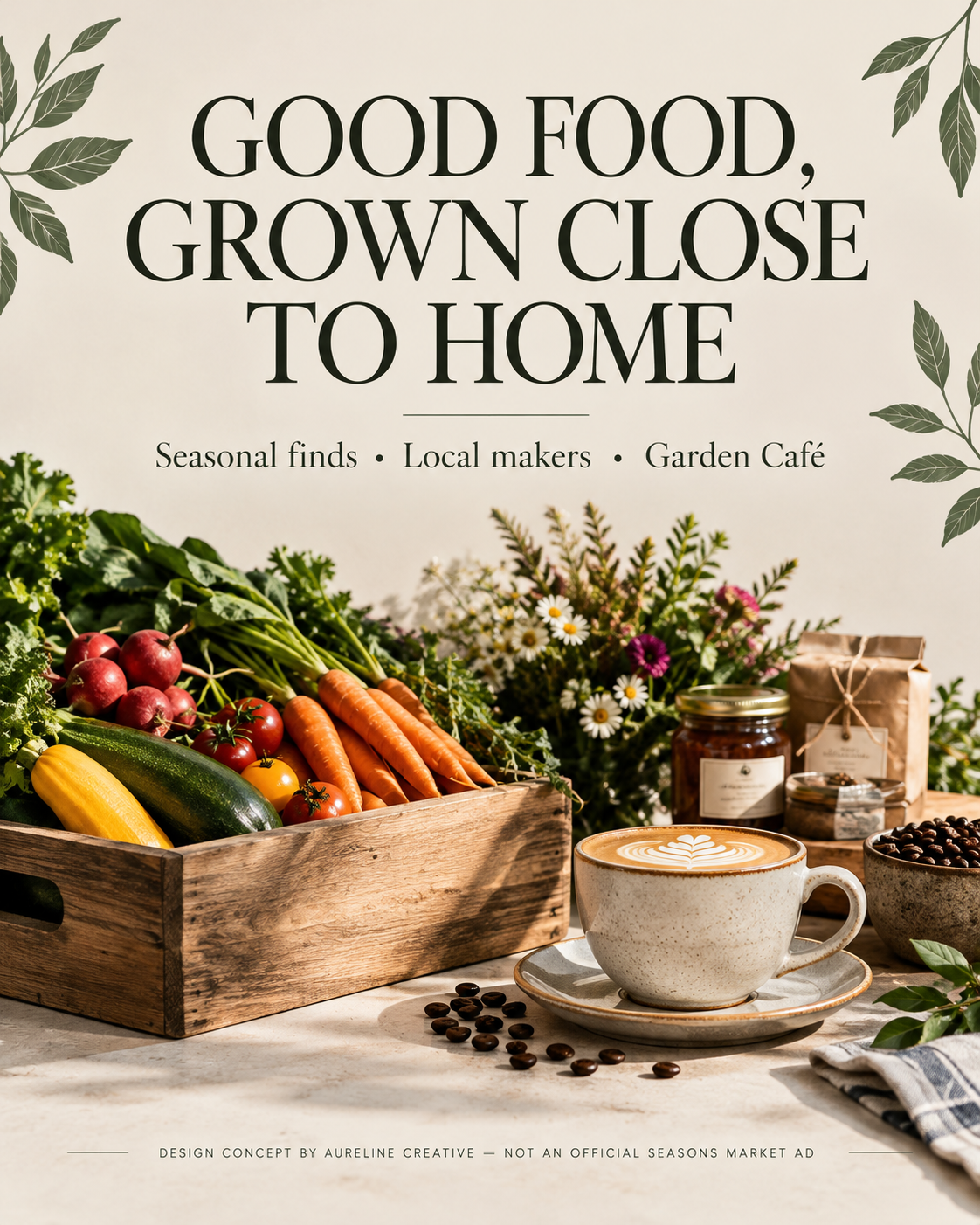 Unofficial seasonal market and café poster concept featuring fresh produce and coffee