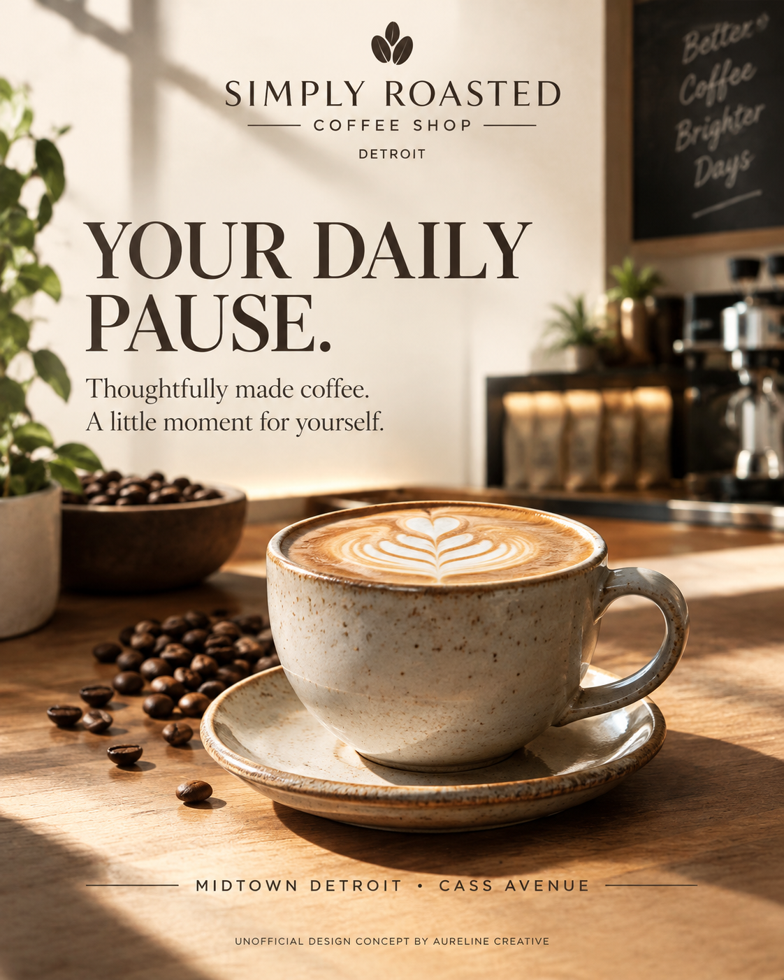 Unofficial coffee shop poster concept with latte art and warm café styling